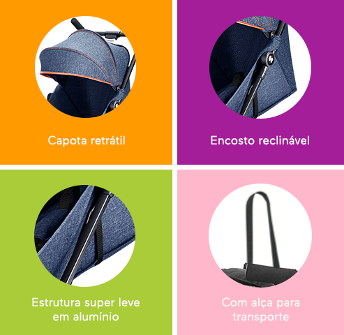 Capota retrátil. Encosto reclinável.Estrutura super leve em alumínio. Com alça para transporte.