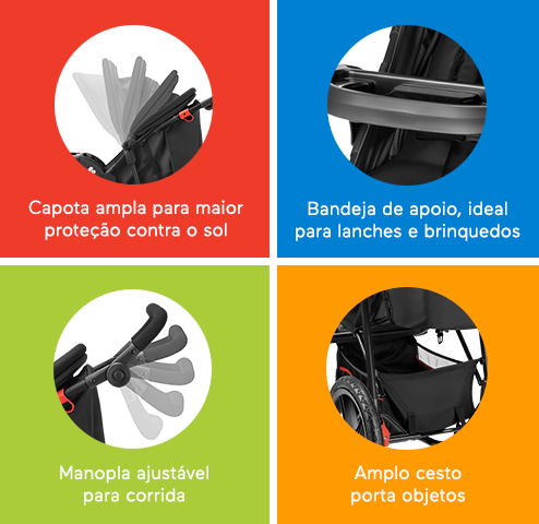 Capota ampla para maior proteção contra o sol. Bandeja de apoio, ideal para lanches e brinquedos. Manopla ajustável para corrida.Amplo cesto porta objetos