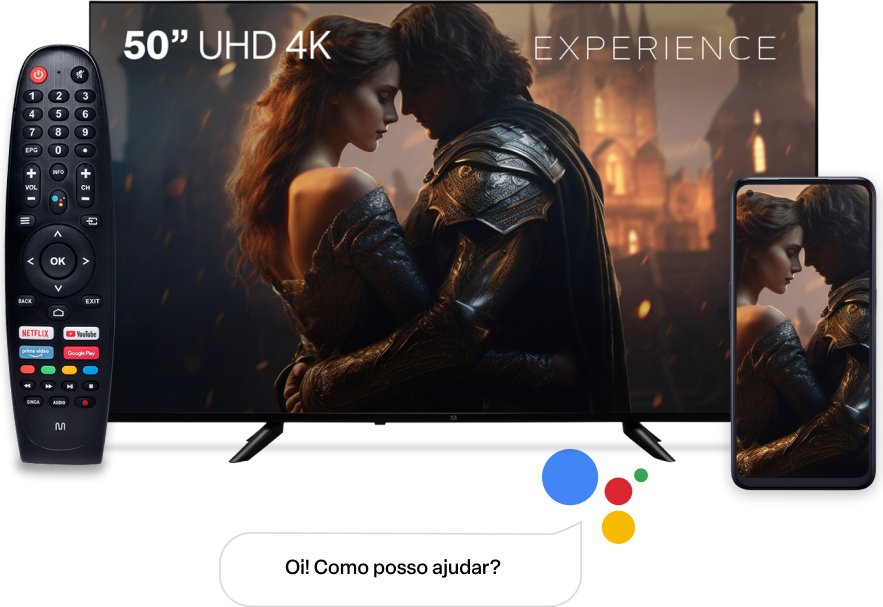 Imagem da Smart TV 50 DLED 4K Multi Série e ao lado esquerdo seu controle remoto à vertical e logo abaixo um balão contendo o texto 'Como posso te ajudar?'