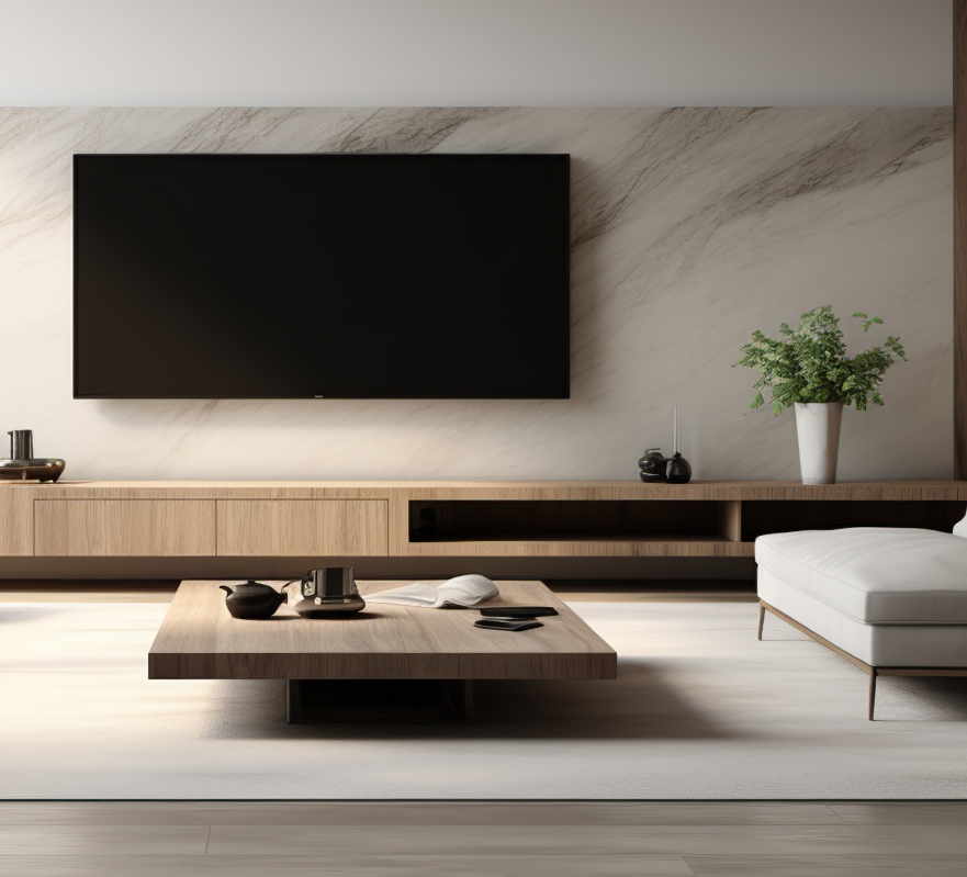 Imagem de uma sala com uma TV ao fundo e demais móveis