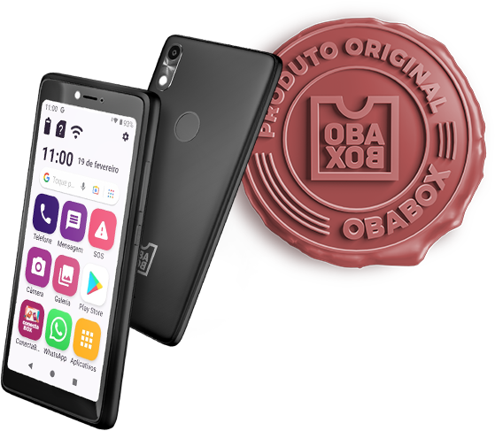 A imagem mostra um smartphone de cor preta, com a tela principal exibindo vários aplicativos com ícones grandes, tais como Telefone, Mensagem, Câmera, Galeria, Play Store, WhatsApp e Aplicativos. Ao lado do telefone, há um selo circular vermelho com o texto "PRODUTO ORIGINAL" e o logo "OBABOX" no centro, indicando autenticidade da marca. A data "19 de fevereiro" e o horário "11:00" podem ser vistos na tela do dispositivo.