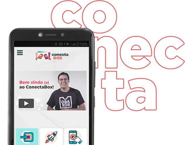 A imagem mostra a tela de um smartphone que exibe uma página com o título "ConectaBox", acompanhado por um vídeo de boas-vindas e ícones de aplicativos. O plano de fundo é vermelho com a palavra "conecta" em letras grandes e brancas. A barra de status do telefone indica uma bateria com 10% de carga.