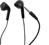 A imagem mostra um par de fones de ouvido intra-auriculares, de cor preta, com o plugue de 3,5 mm visível, indicando que são compatíveis com dispositivos que possuem entrada para fone de ouvido padrão.