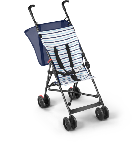 Carrinho de bebê com dossel listrado azul e branco.