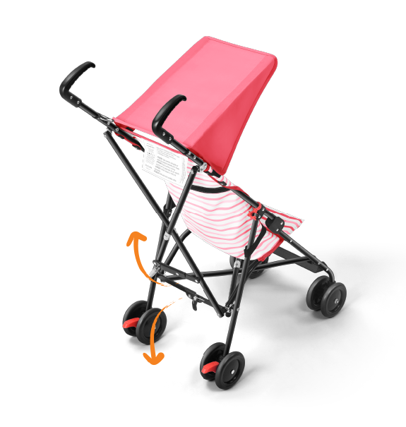 Um carrinho de bebê rosa com alça preta e capota vermelha.