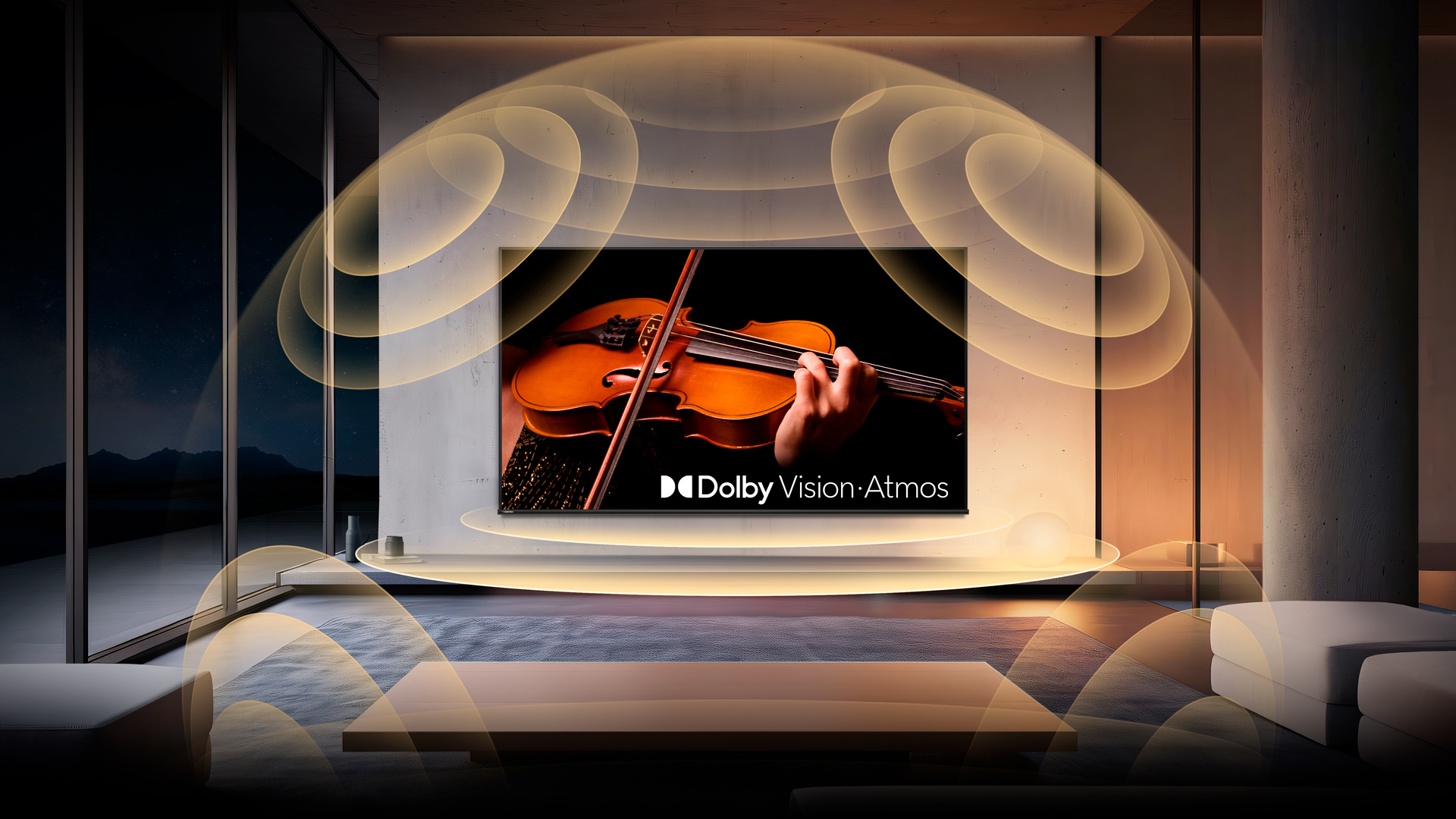 Indivíduo executando uma peça no violino na TV C350N, equipada com Dolby Vision Atmos, destacando a arte e a tecnologia