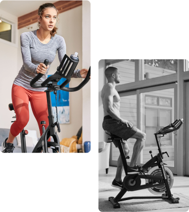 Foto de um homem e uma mulher se exercitando em suas respectivas Bike Spinning Schwinn