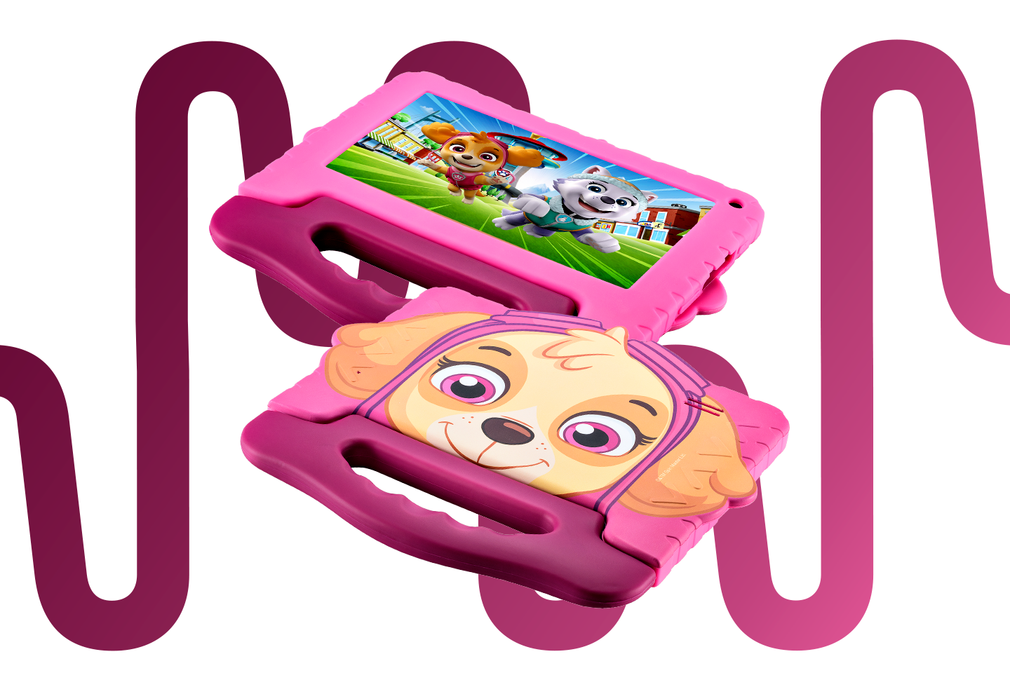 Imagem de 2 Tablets Patrulha Canina Skye com a marca da Multi ao fundo.