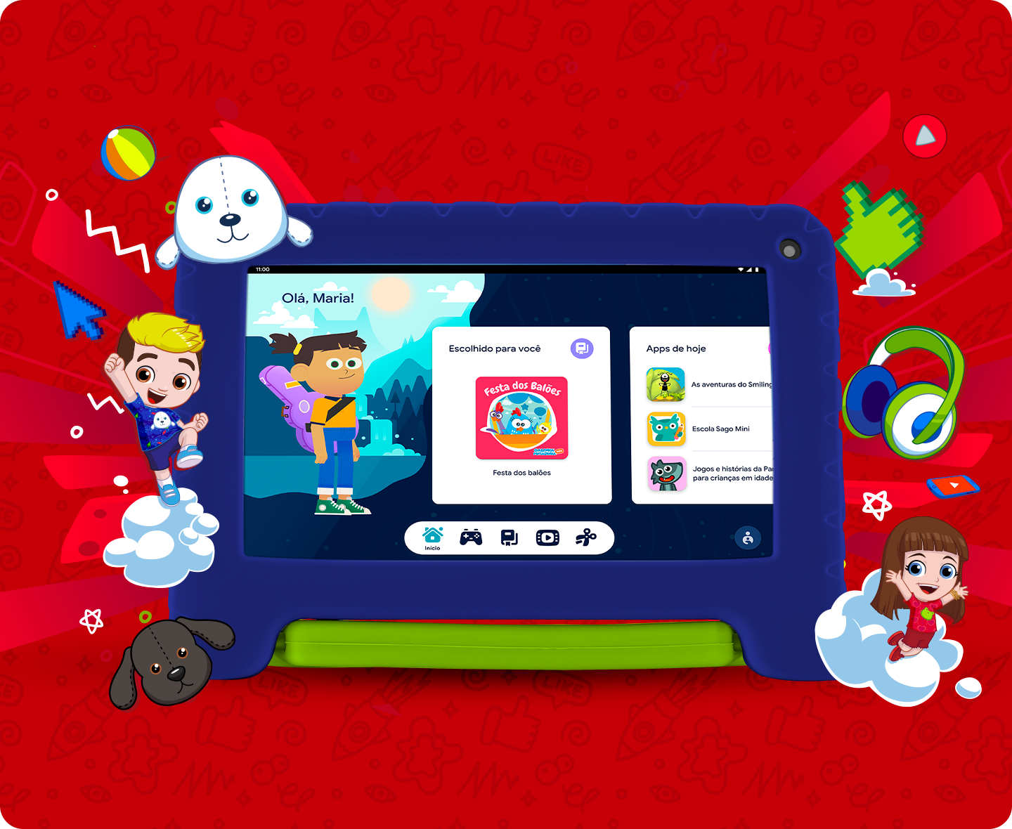 Tablet Luccas Neto com personagem de desenho animado.