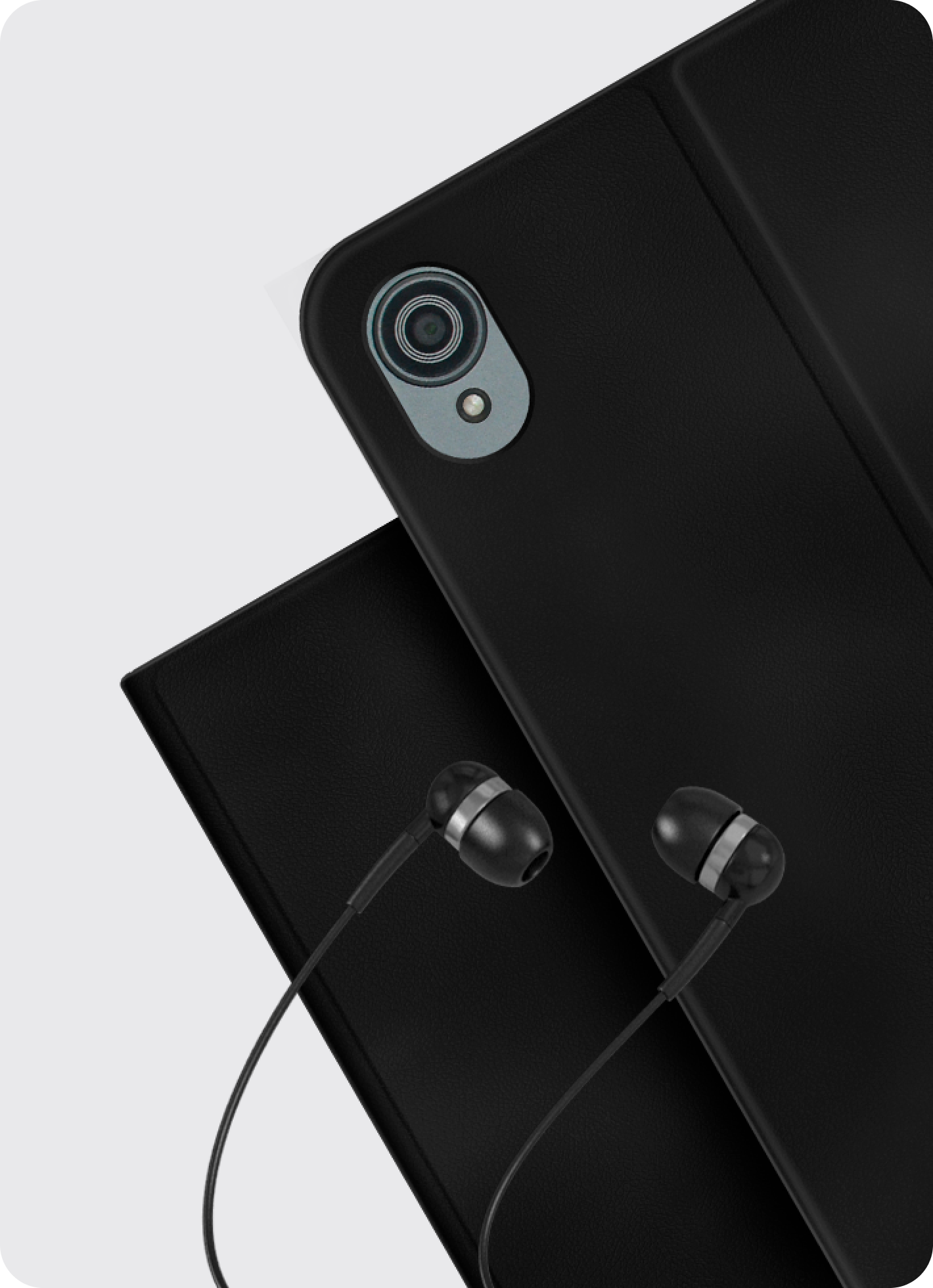 Imagem apresentando ambos os acessórios do produto: o case e os fones de ouvido