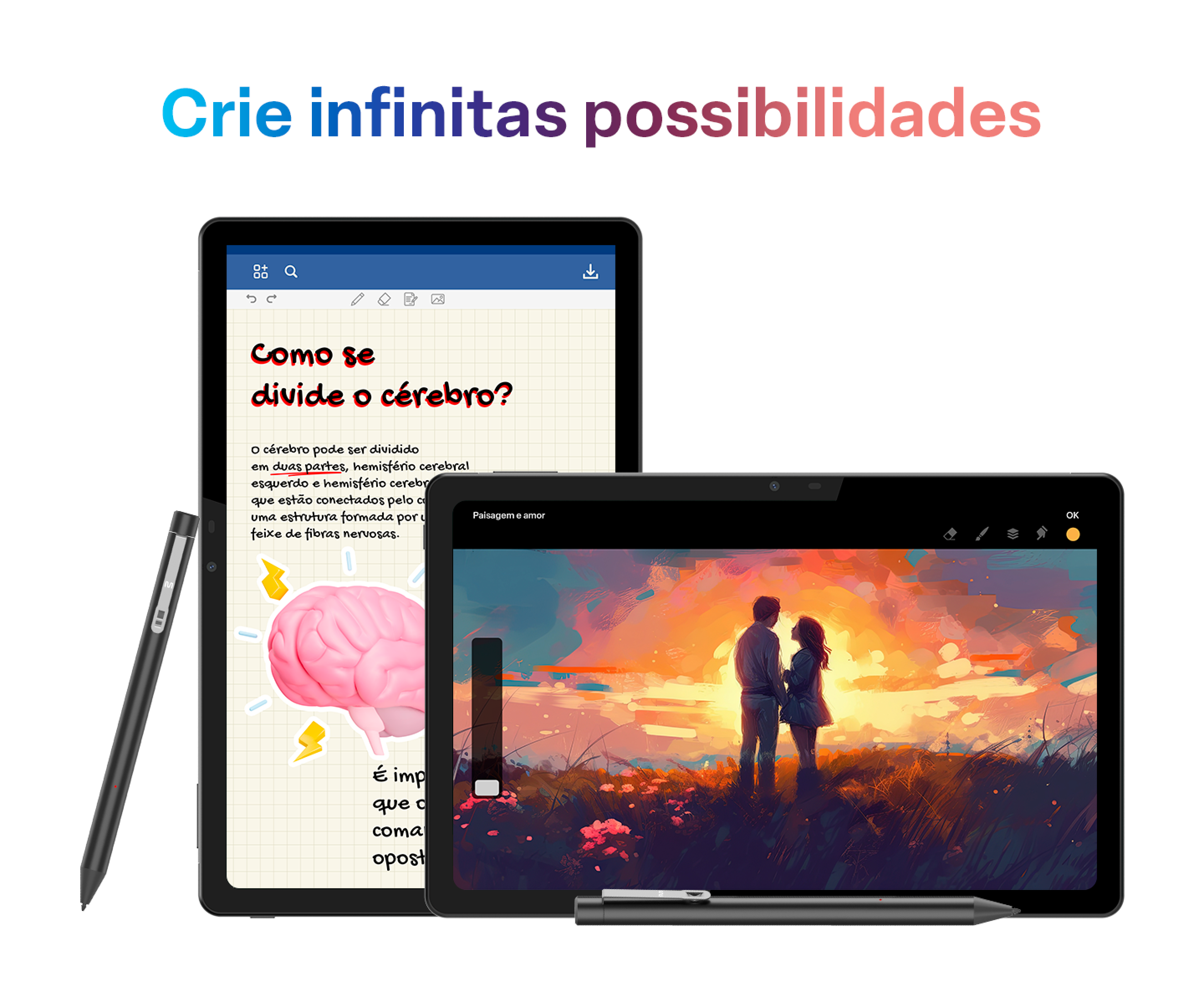 Imagem apresentando produto sendo utilizado para tomar notas e para criar artes digitais junto da Multi Pen