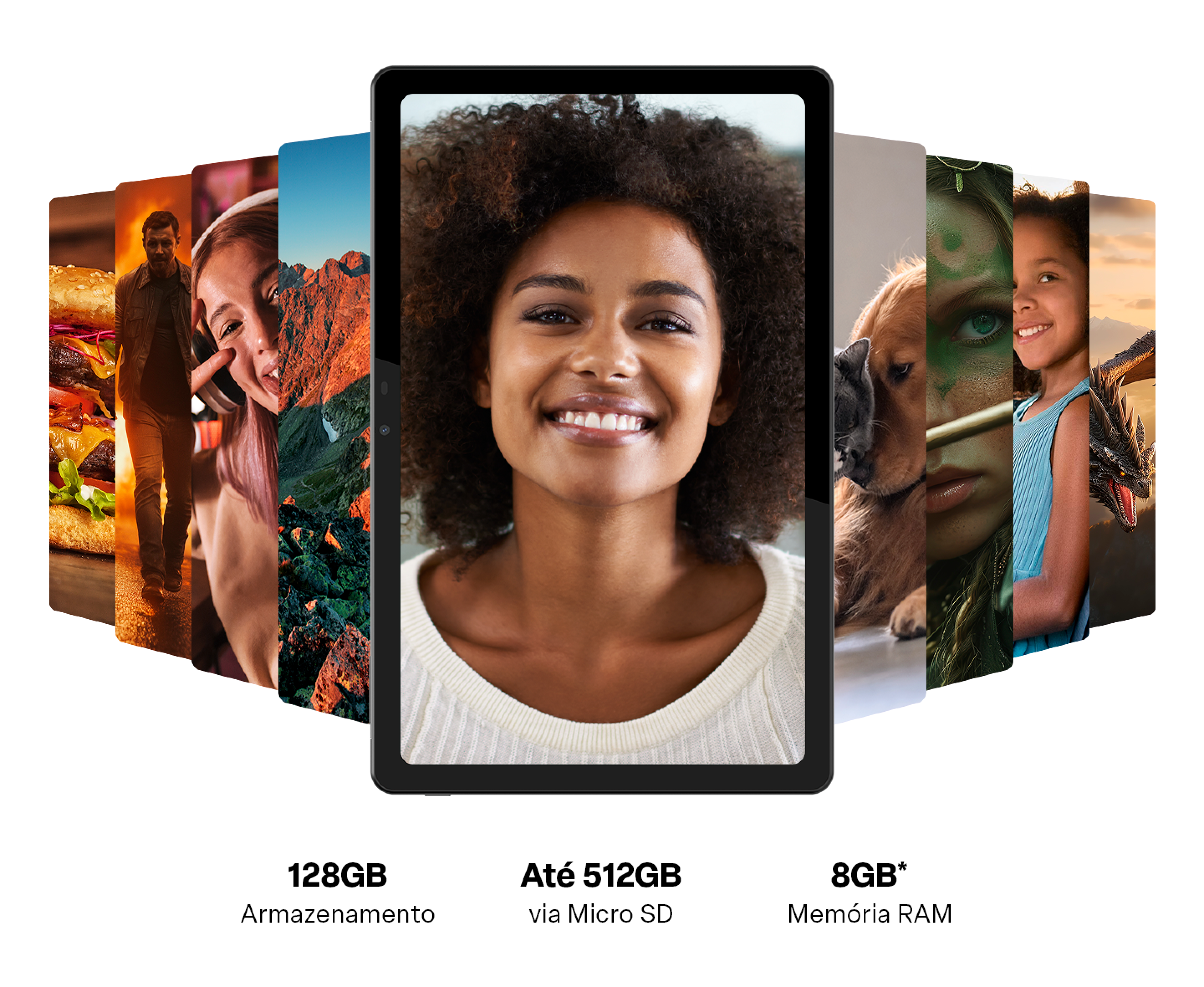 Imagem demonstrando capacidade de armazenamento de imagens do tablet. O tablet conta com 128GB de armazenamento que pode ser expandido com cartão SD para até 512GB e 8GB de memória RAM