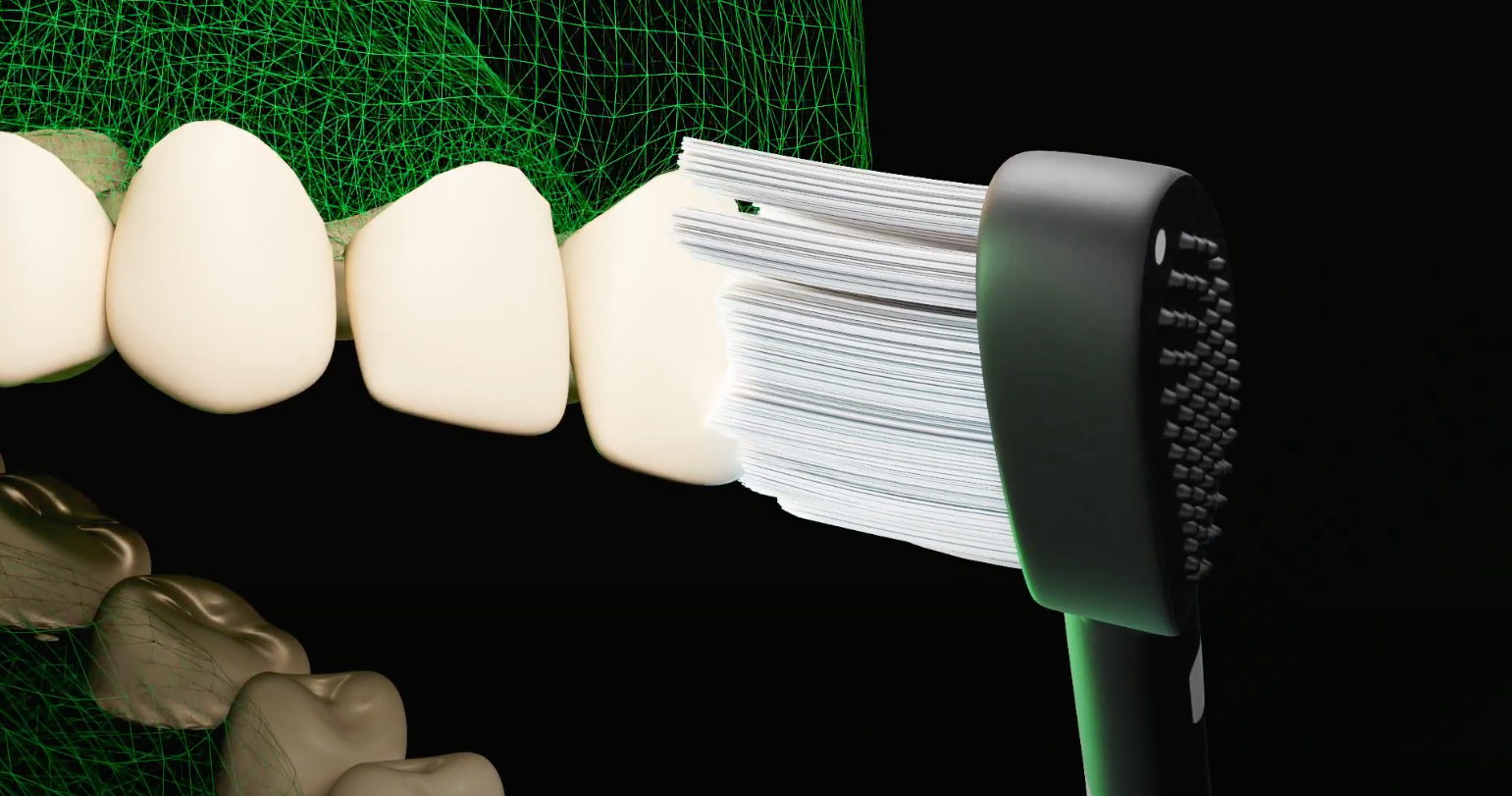 Ilustração do uso da escova dental elétrica nos dentes de uma boca