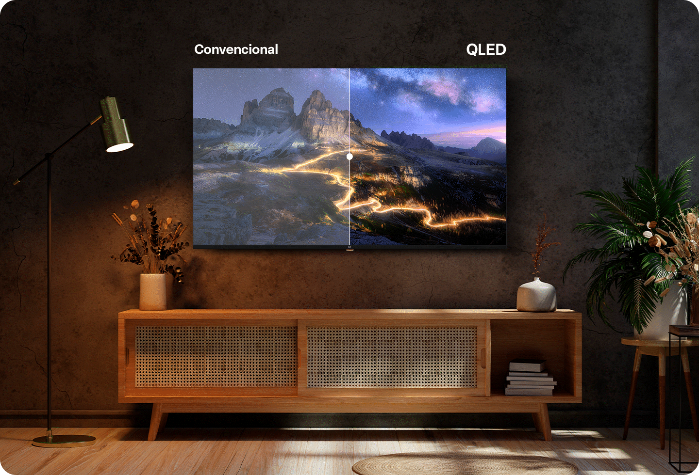 Imagem comparativa entre TVs convencionais e QLED.