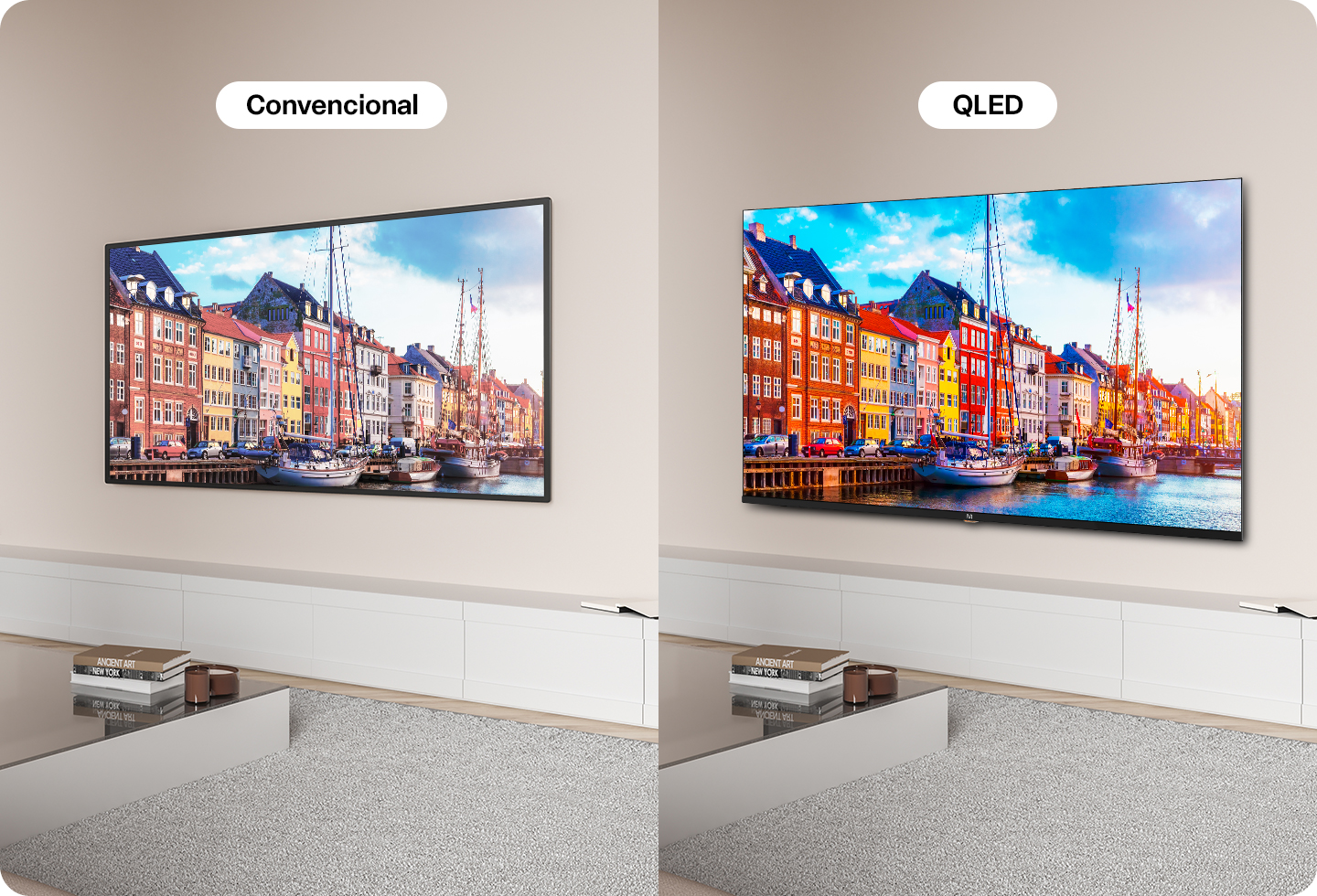 Imagem comparativa entre TVs convencionais e QLED.