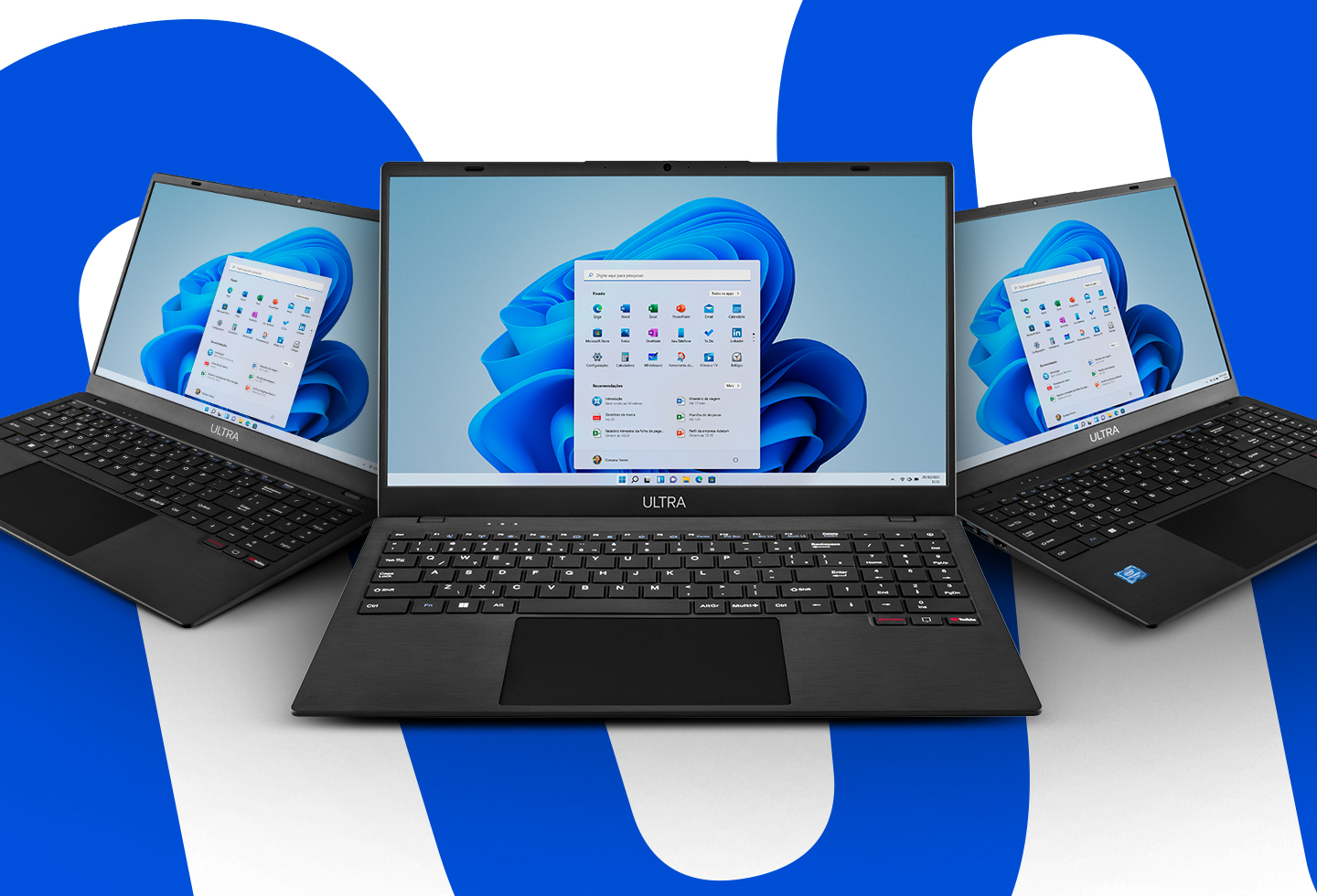Foto de 3 notebooks Ultra abertos virados para frente, um ao lado do outro com o menu iniciar do Windows 11 aberto