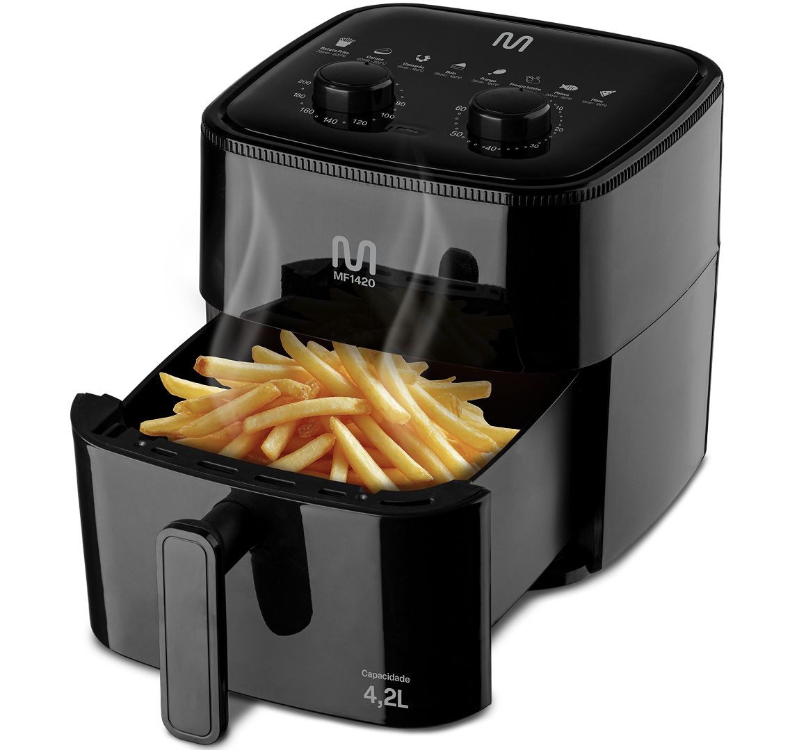 Air Fryer MF1420 aberta com batatas fritas
