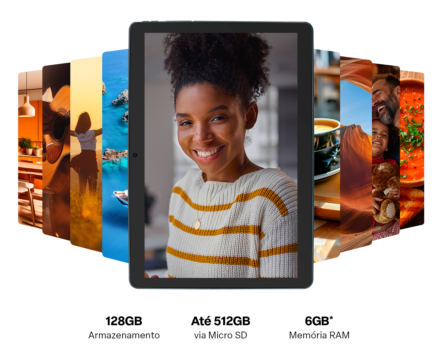 Uma mulher sorrindo na frente de um tablet com várias fotos