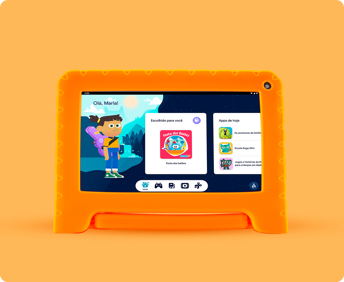 Tablet Kid Pad Laranja com personagem de desenho animado.
