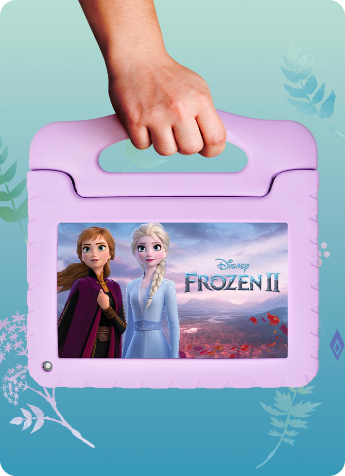Foto de uma criança segurando o Tablet Frozen pela alça, demonstrando a facilidade no transporte.