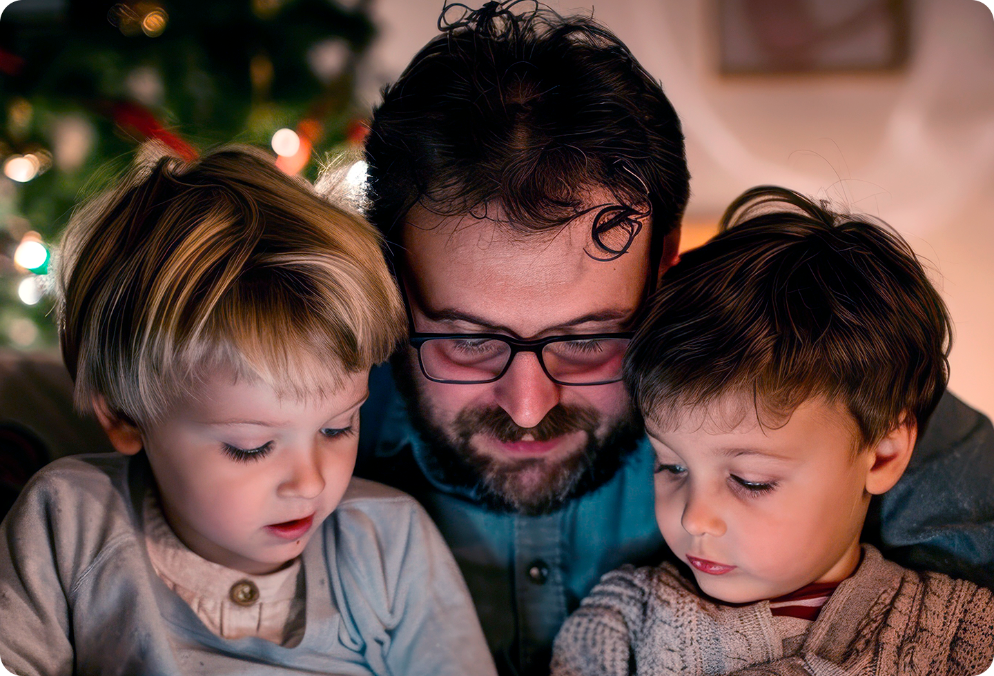 Foto de uma família com um pai e seus dois filhos usando o Tablet Galinha Pintadinha.