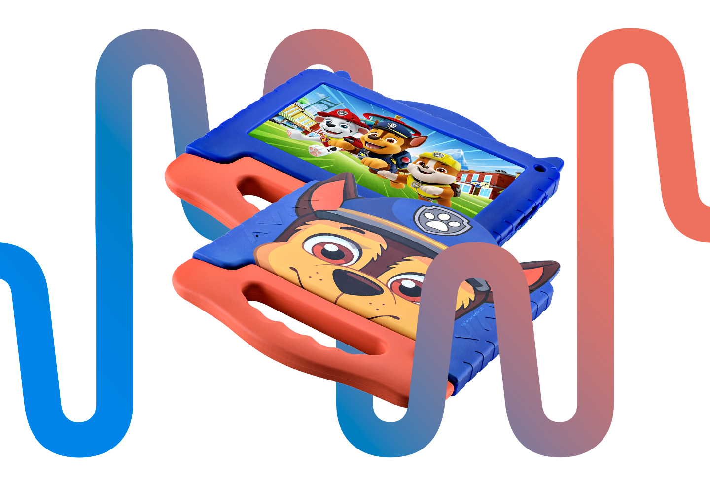 Imagem de 2 Tablets Patrulha Canina Skye com a marca da Multi ao fundo.