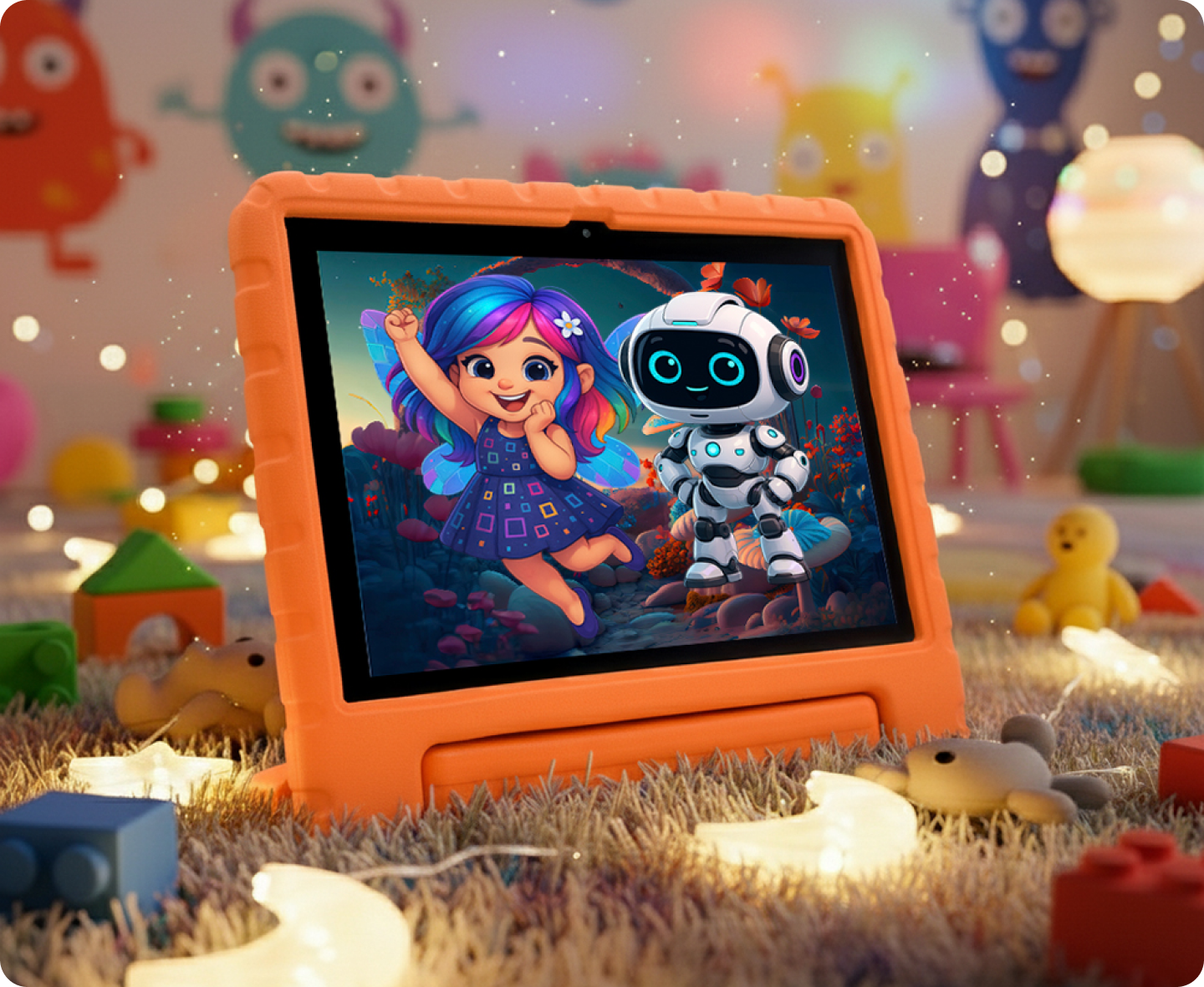 Tablet com 128GB de armazenamento e ícones flutuantes