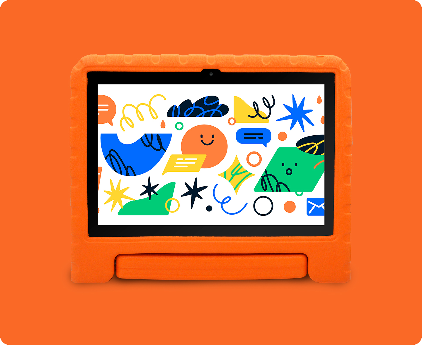 Tablet com 128GB de armazenamento e ícones flutuantes