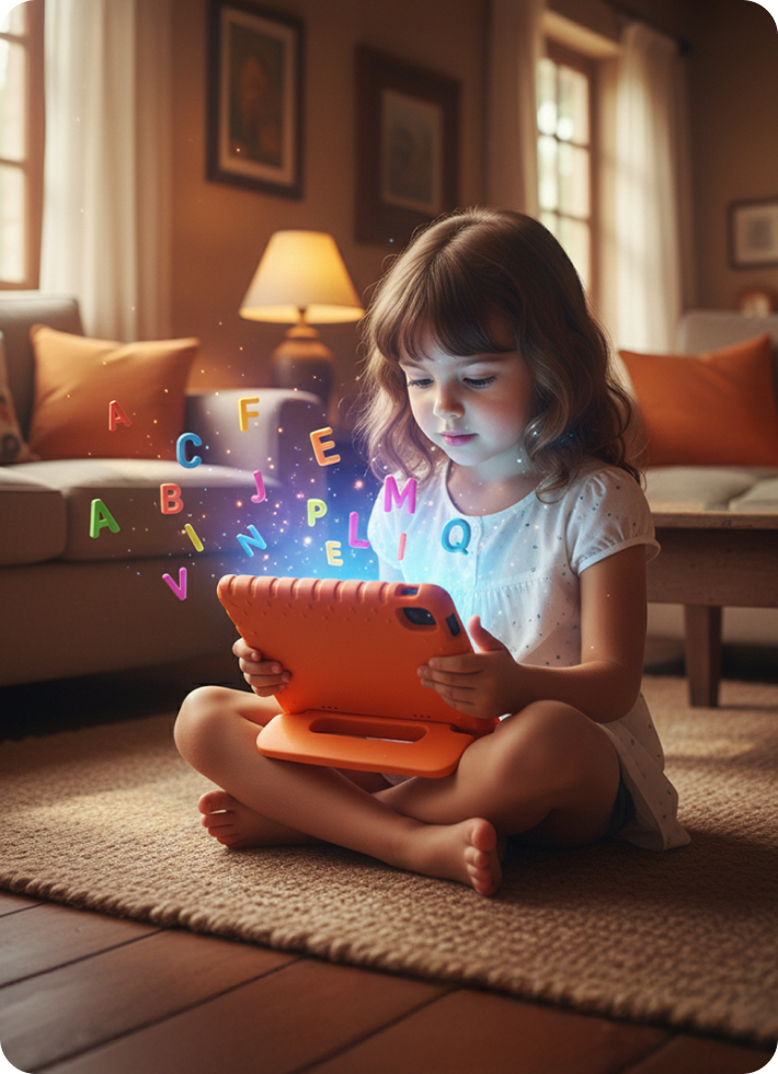 Menina com magia saindo do tablet