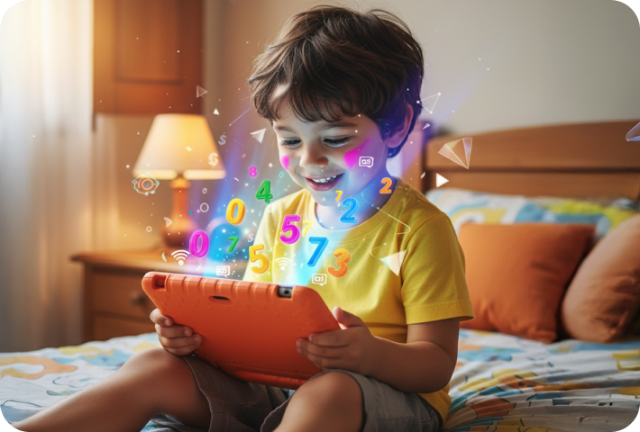 Mãe e filhos usando tablet