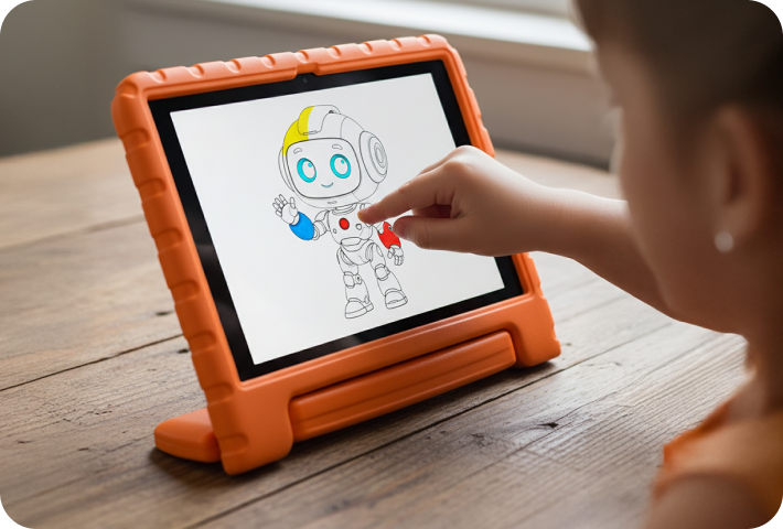 Mãe e filhos usando tablet