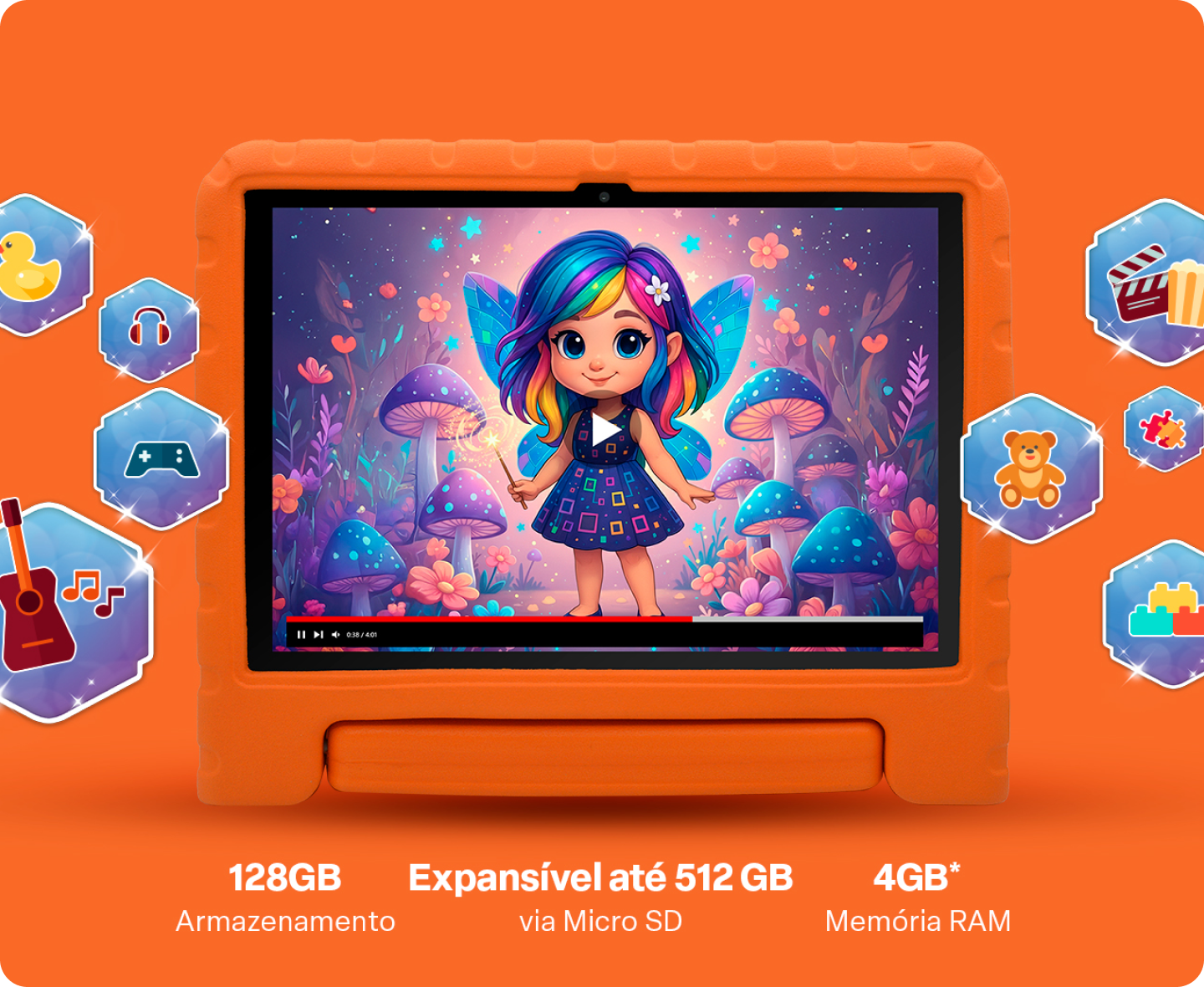 Tablet com 128GB de armazenamento e ícones flutuantes