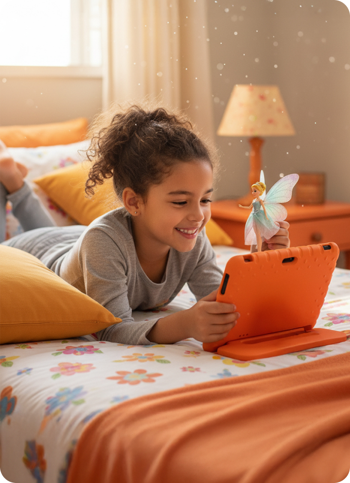 Menina com magia saindo do tablet