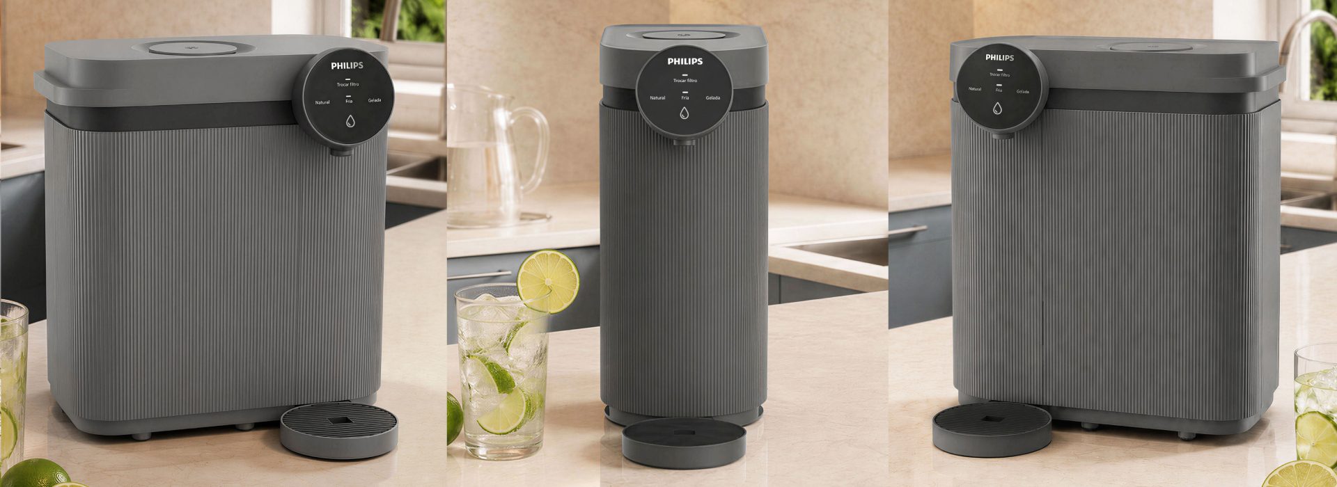 Três vistas do Purificador de Água Philips ADD5927DG em cozinhas diferentes