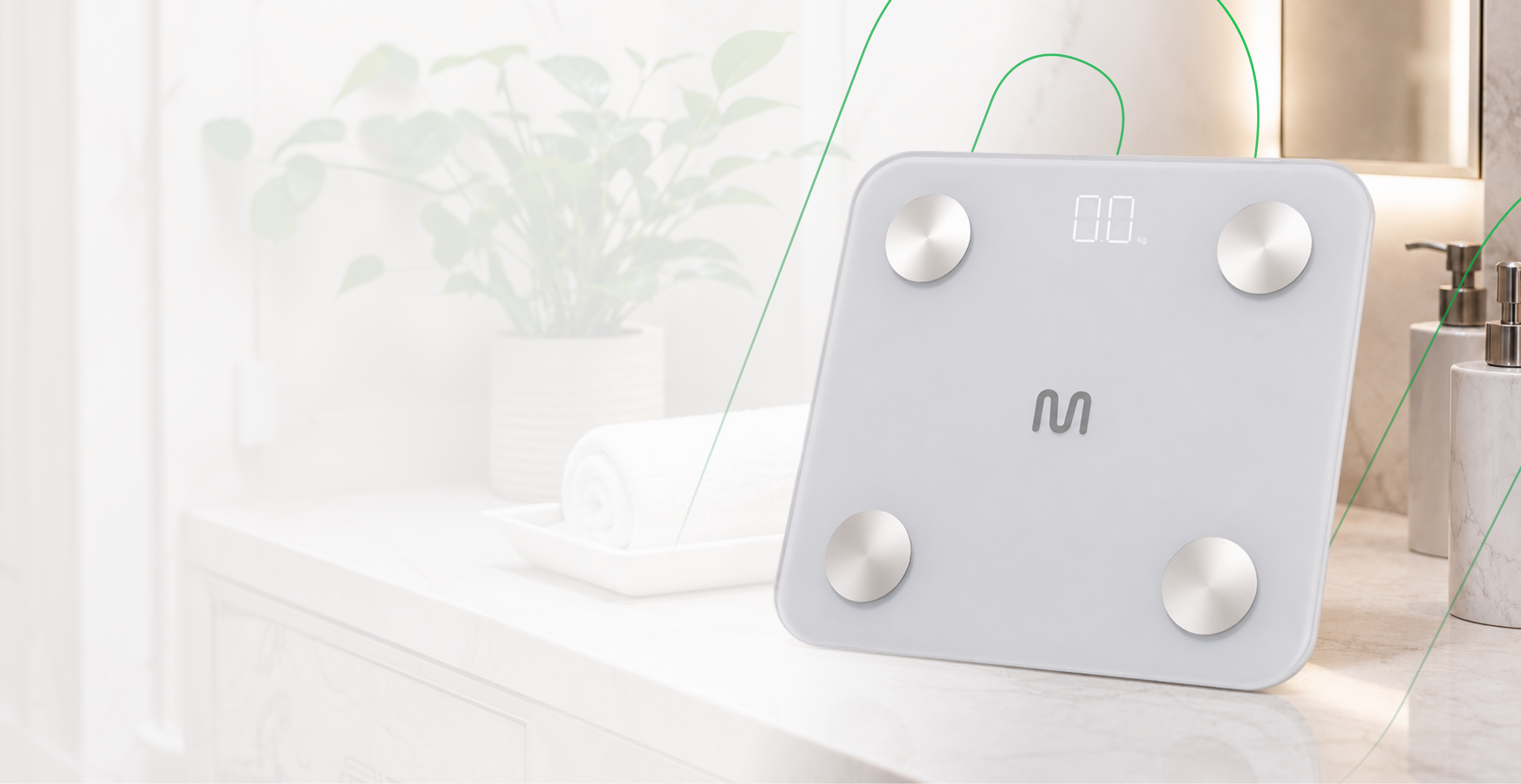 Balança Digital com Bioimpedância BioHealth Multi Saúde apoiada na bancada do banheiro