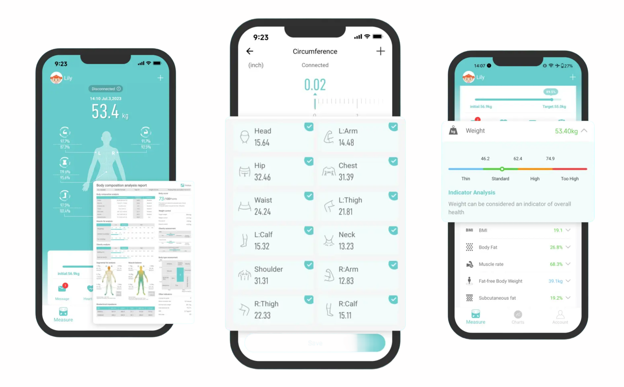 Telas do app Fitdays com relatórios, gráficos e linha do tempo