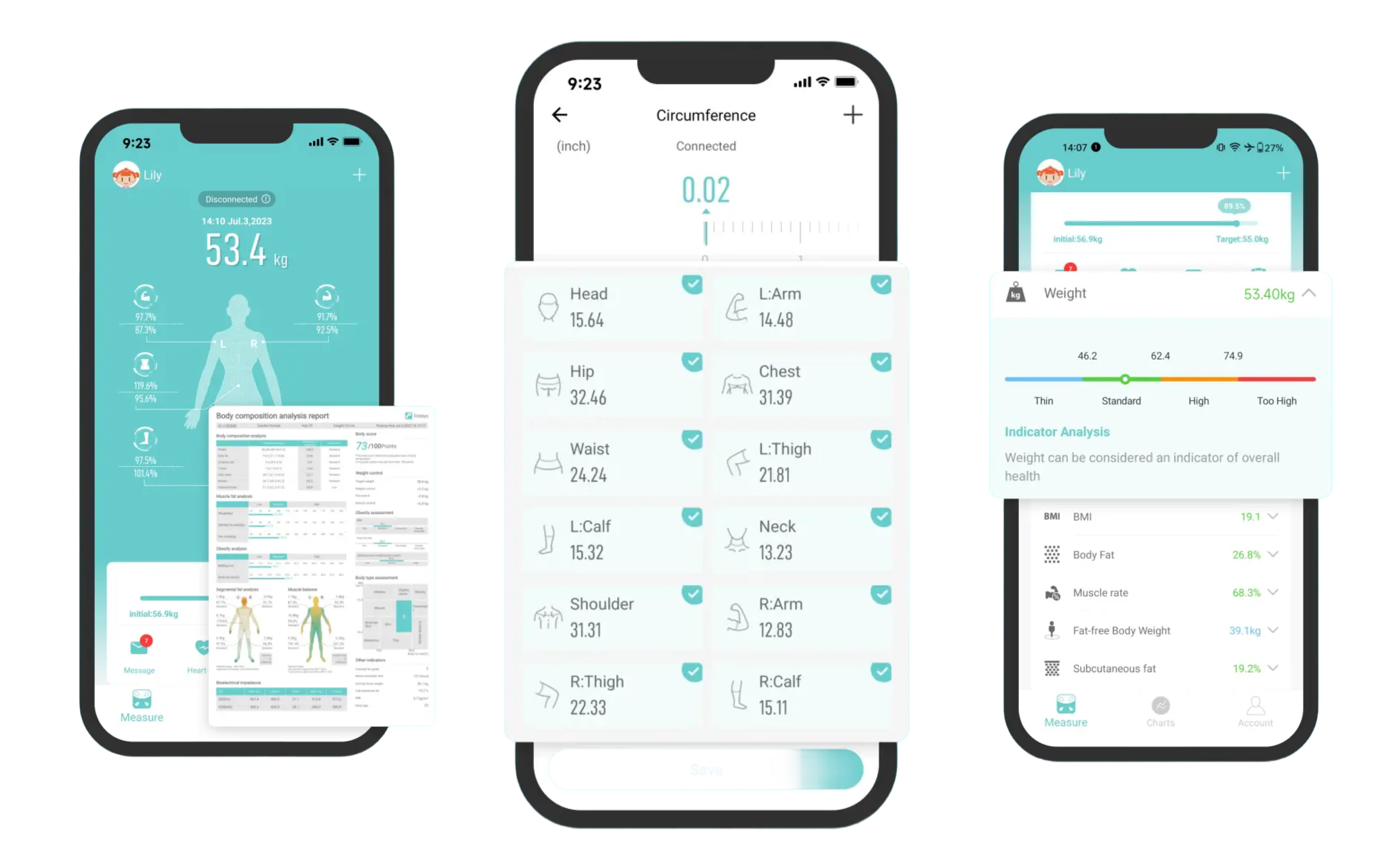 Telas do app Fitdays com mapeamento anatômico e gráficos de evolução