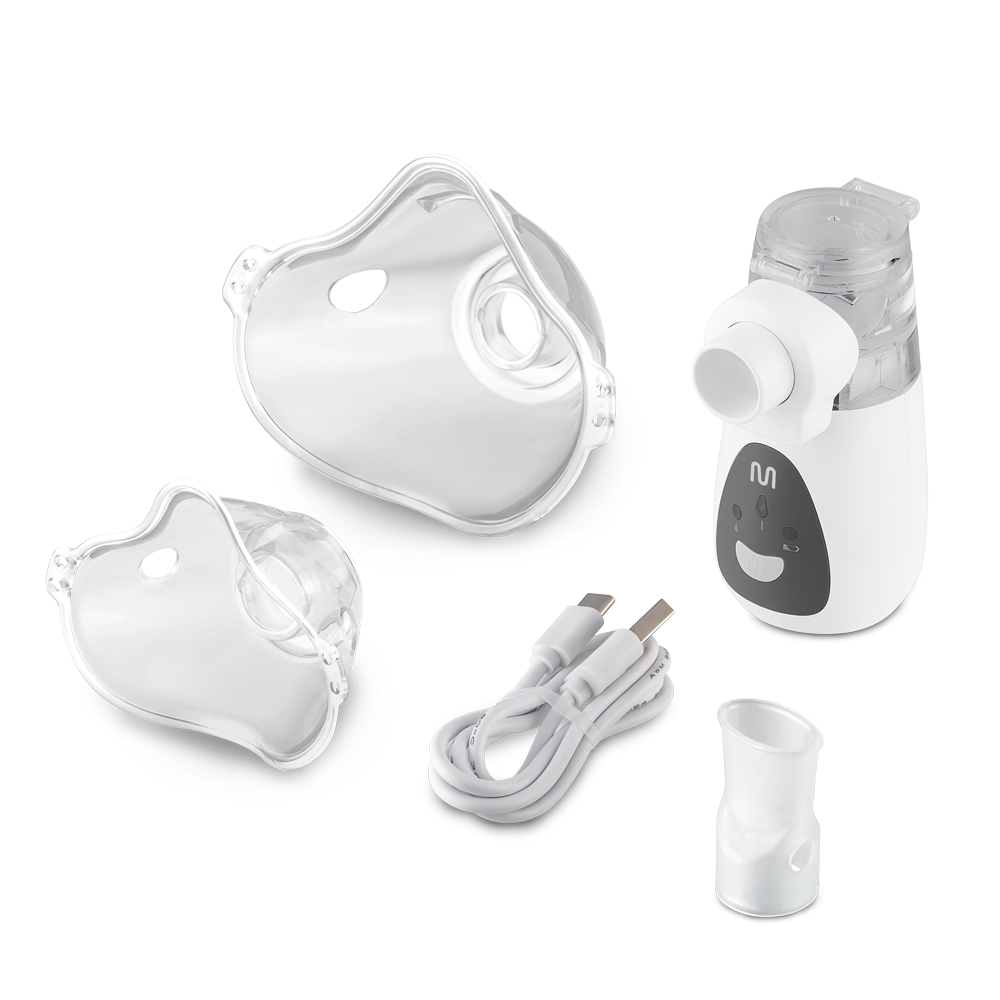 Kit de acessórios: máscara adulta, máscara infantil, bocal, cabo USB e unidade principal do inalador Mesh Air Flow