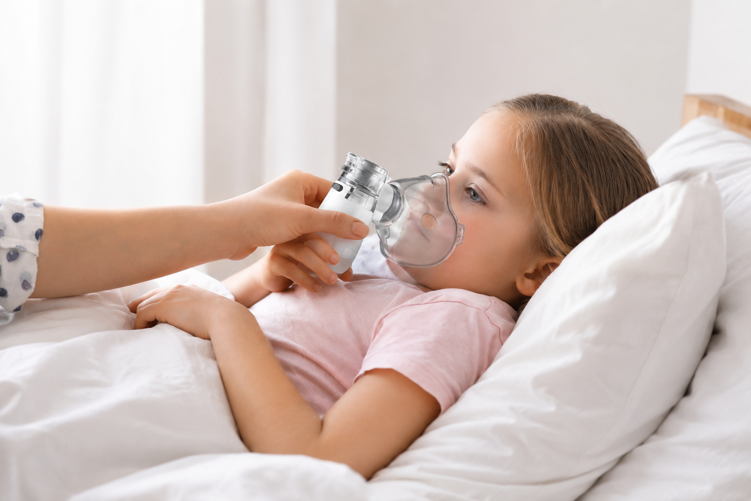 Menina deitada usando o inalador Mesh Air Flow com ajuda de um adulto