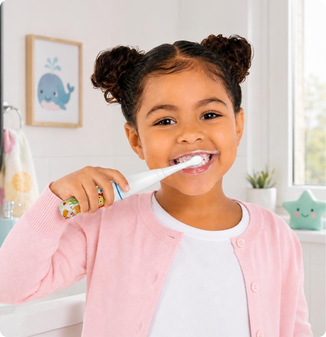 Menina escovando os dentes com a escova elétrica Fisher-Price