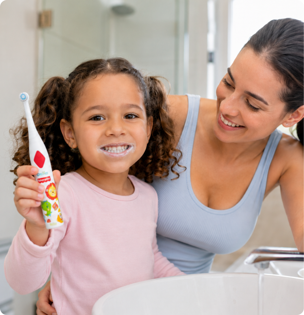 Menina escovando os dentes acompanhada pela mãe