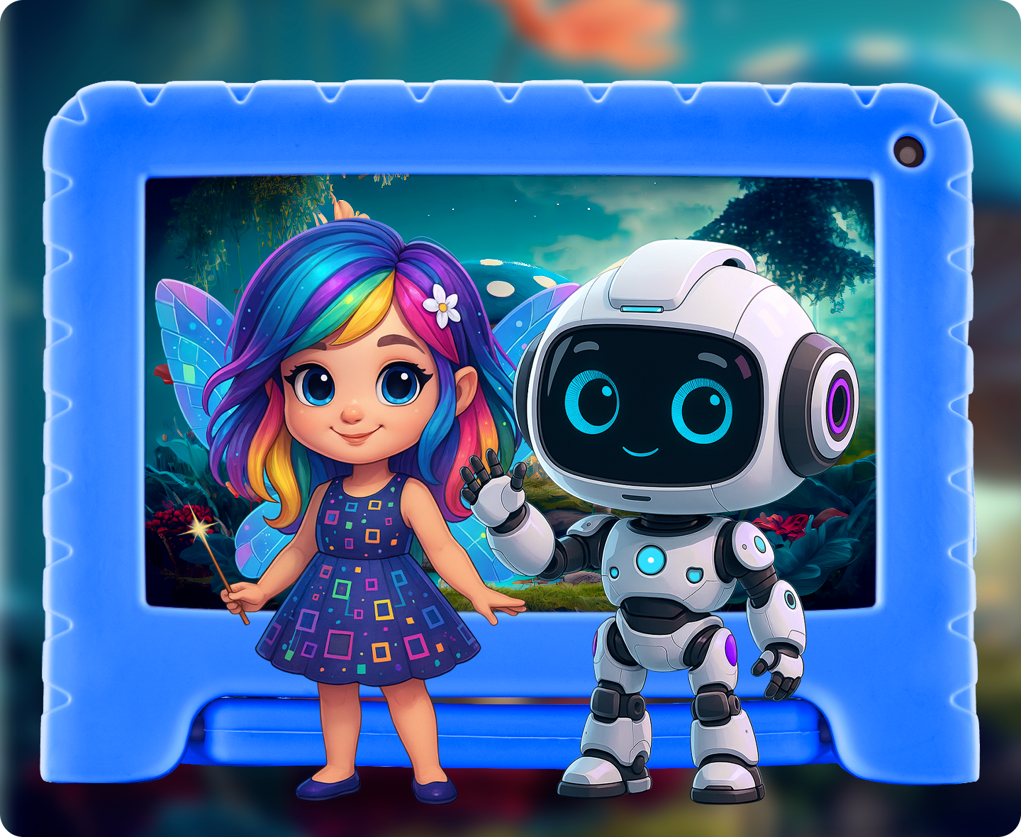 Tablet com 128GB de armazenamento e ícones flutuantes