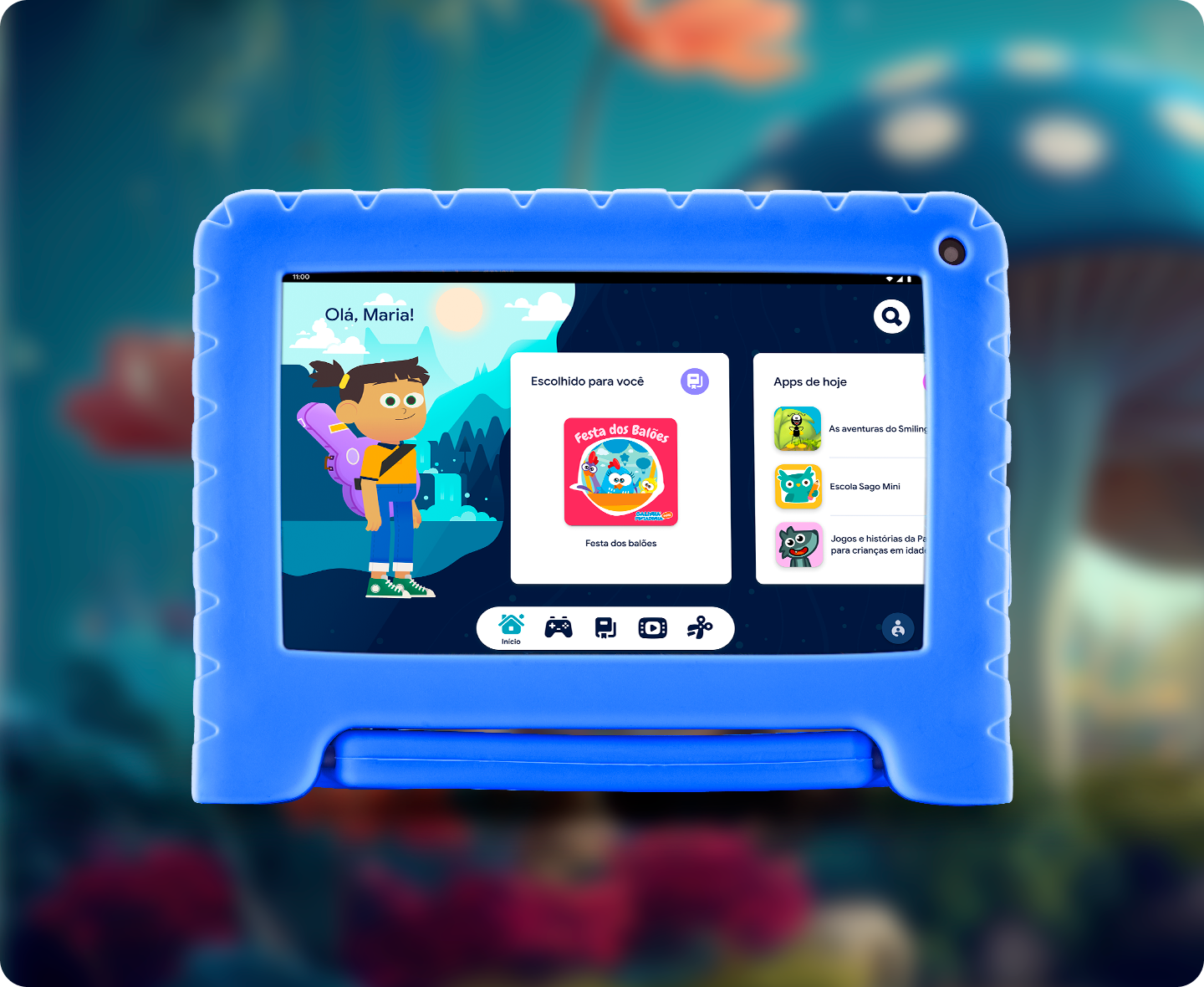 Tablet com 128GB de armazenamento e ícones flutuantes