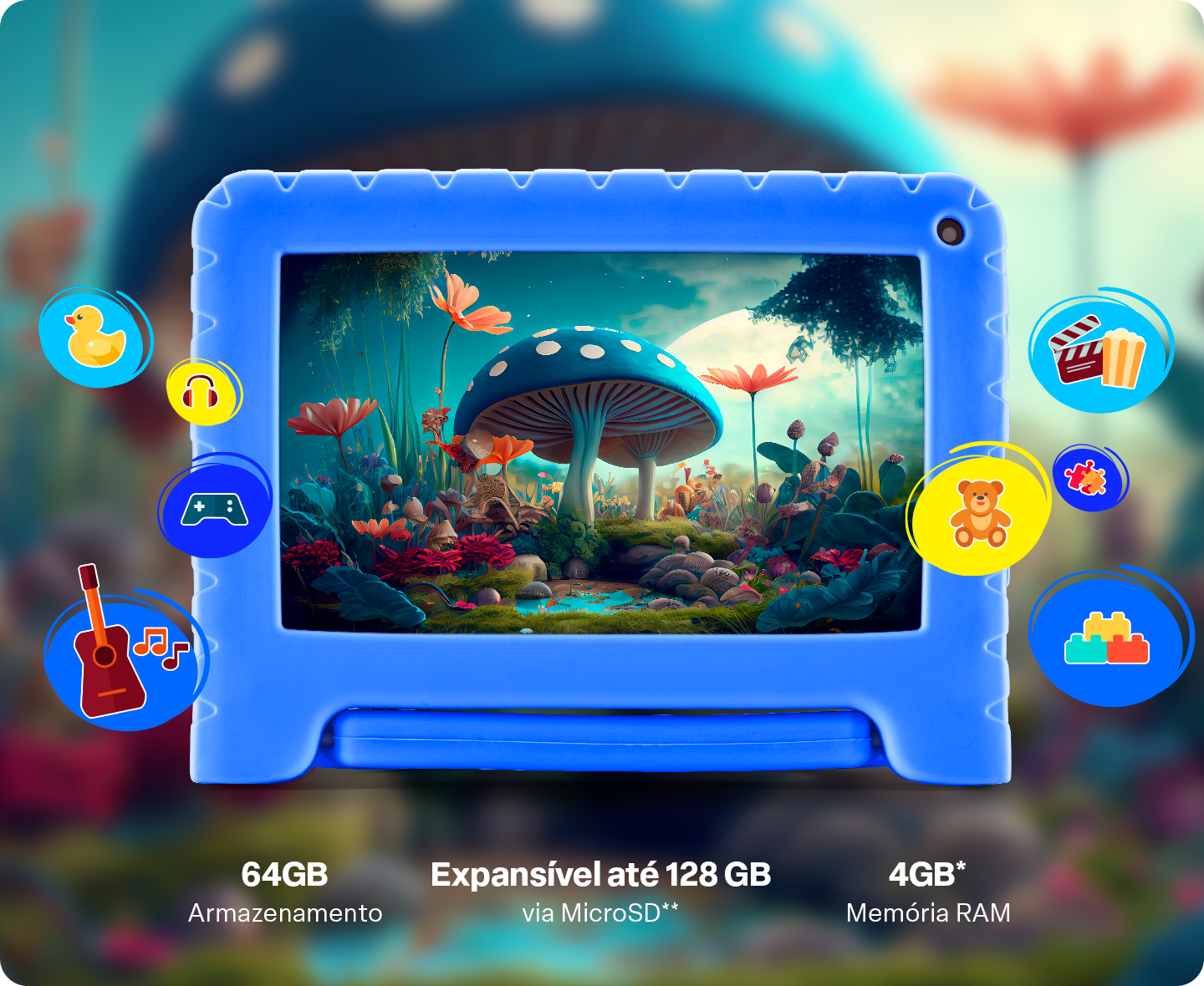 Tablet com 128GB de armazenamento e ícones flutuantes