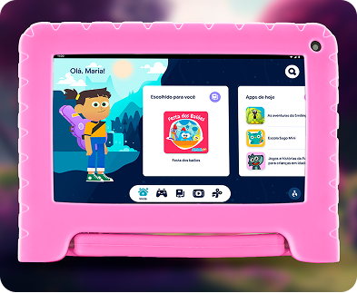Tablet com 128GB de armazenamento e ícones flutuantes