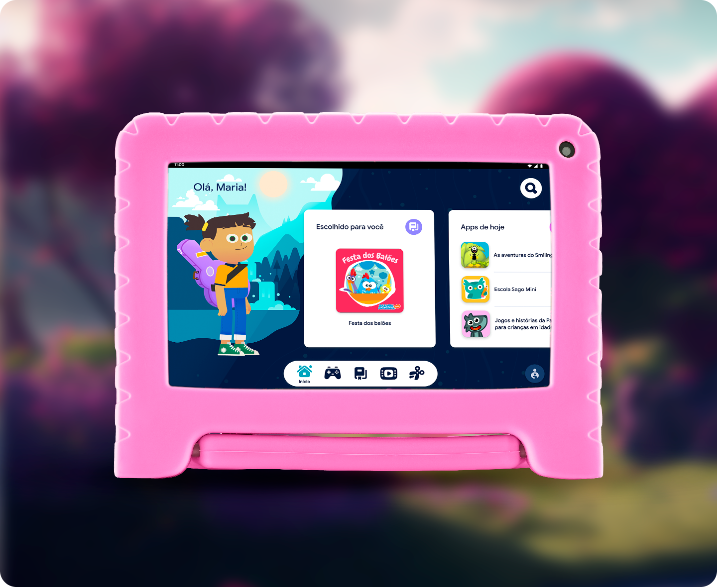 Tablet com 128GB de armazenamento e ícones flutuantes