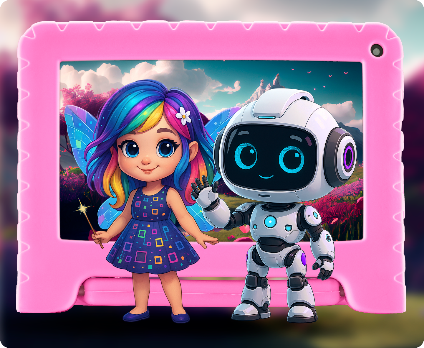 Tablet com 128GB de armazenamento e ícones flutuantes