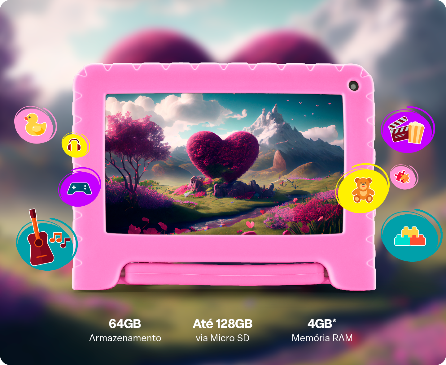 Tablet com 128GB de armazenamento e ícones flutuantes
