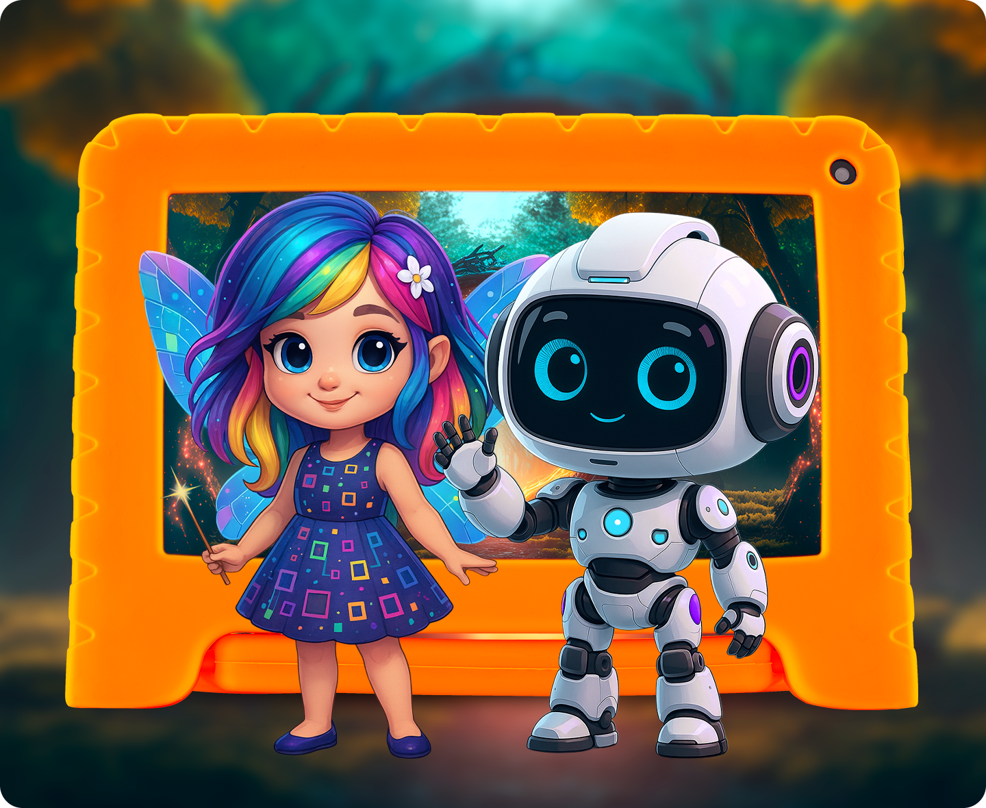 Tablet com 128GB de armazenamento e ícones flutuantes