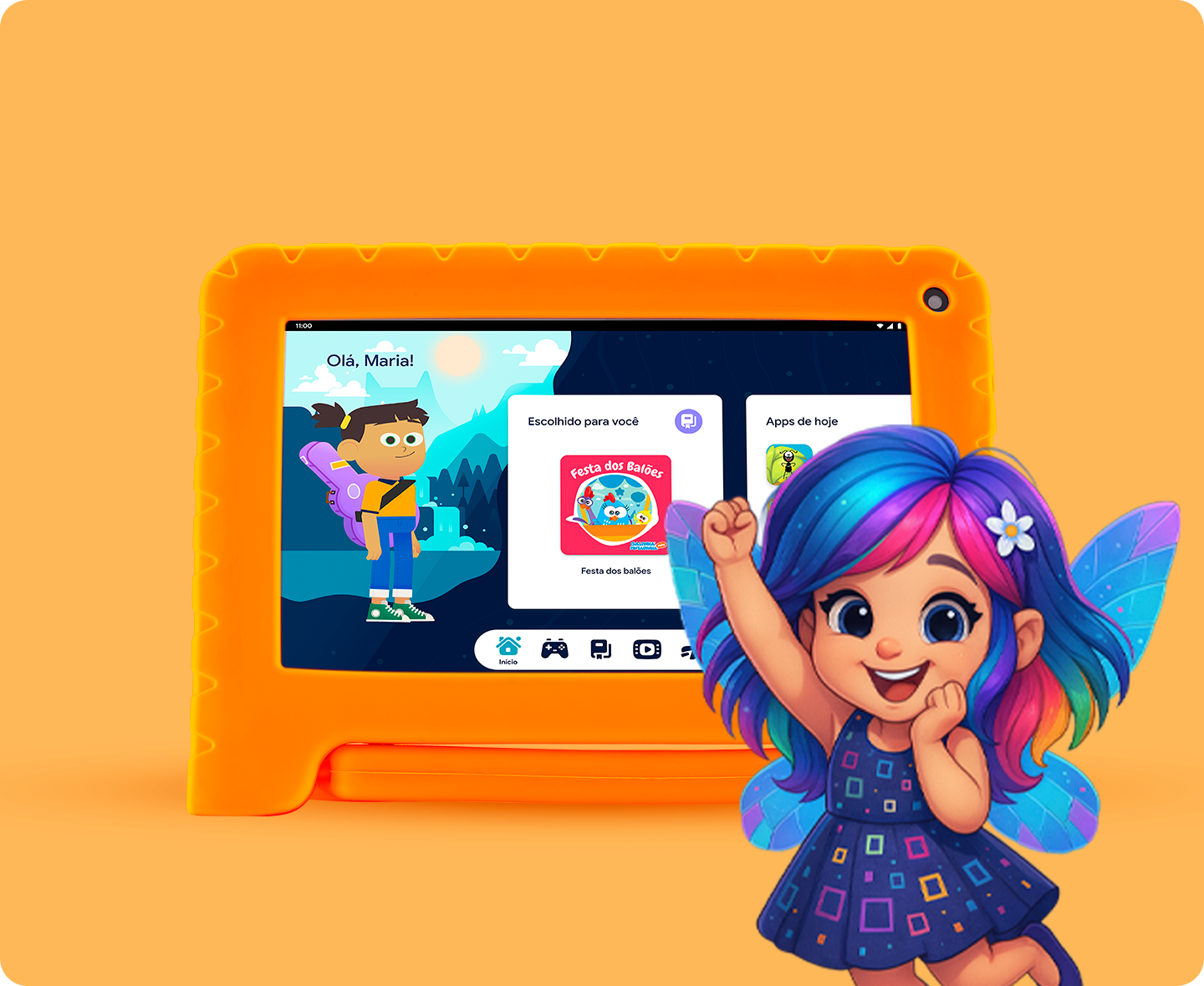 Tablet com 128GB de armazenamento e ícones flutuantes